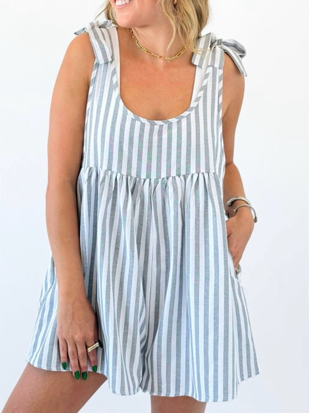 Womens Gray & White Striped Tie-Shoulder romper with pockets